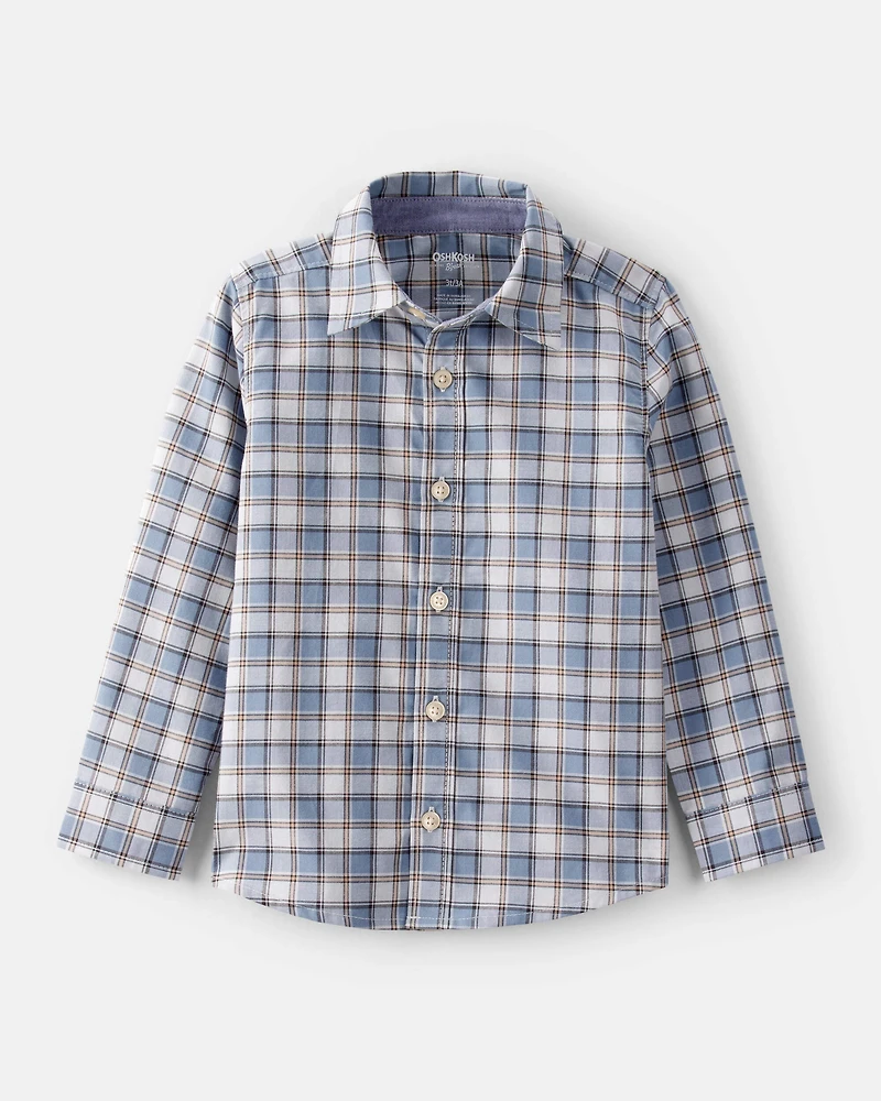 Toddler Boy Plaid Cotton Long-Sleeve Button-Down Shirt - Blue