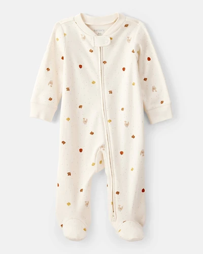 Baby Thanksgiving Print 100% Cotton Long-Sleeve 2-Way Zip Sleep & Play Pajamas - White
