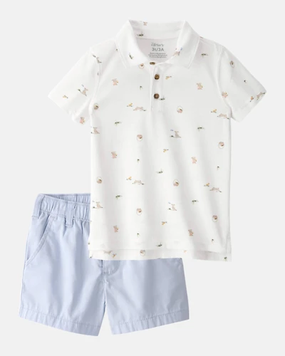 Toddler Boy 2-Piece Polo Shirt & Short Set - White/Blue
