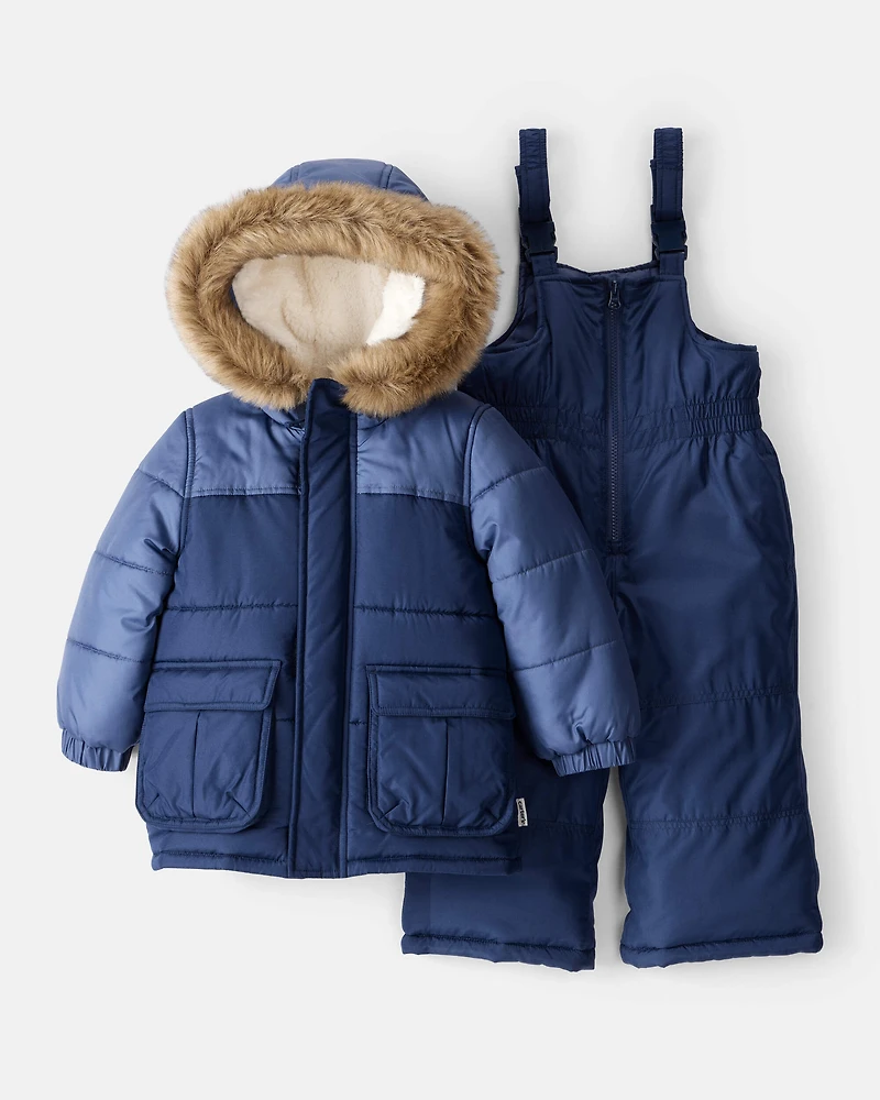 Toddler Boy 2-Piece Hooded Snowsuit Jacket & Bib Set - Navy