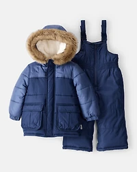 Toddler Boy 2-Piece Hooded Snowsuit Jacket & Bib Set - Navy