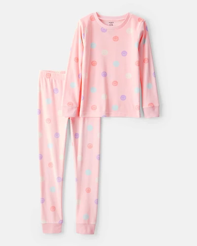 Girls Smiley Face Print DreamPlush Long-Sleeve Snug Fit 2-Piece Pajamas - Pink