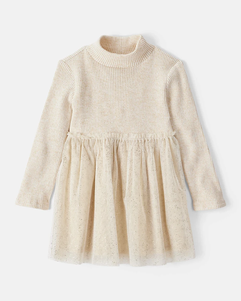 Toddler Girl Long-Sleeve Tulle Occasion Dress - Ivory