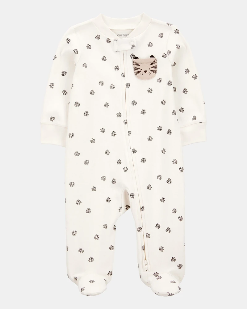 Baby Tiger Print 2-Way Zip Cotton Sleep & Play Pajamas - Ivory