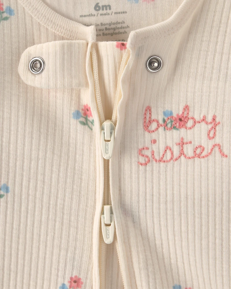 Baby Girl 'Baby Sister' Cotton 2-Way Zip Sleep & Play Pajamas - Ivory