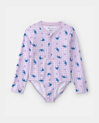 Girls Disney© Lilo & Stitch Gingham 1-Piece Rashguard Swimsuit - Purple/Blue