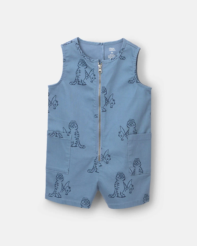 Toddler Romper with Otter Pockets in Fishing Tiger Print - Slate Blue