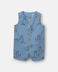 Toddler Romper with Otter Pockets in Fishing Tiger Print - Slate Blue