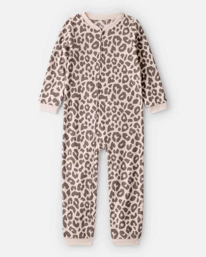Girls Leopard Fleece Long-Sleeve Snug Fit 1-Piece Pajamas - Brown