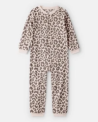 Girls Leopard Fleece Long-Sleeve Snug Fit 1-Piece Pajamas - Brown