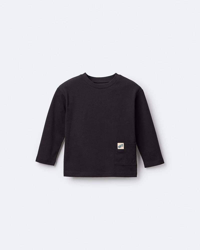 Toddler 'Hey' Long-Sleeve Pocket Tee - Black