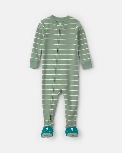 Baby Boy 1-Piece Dino Striped 2-Way Zip 100% Cotton Snug Fit Footed Pajama - Green