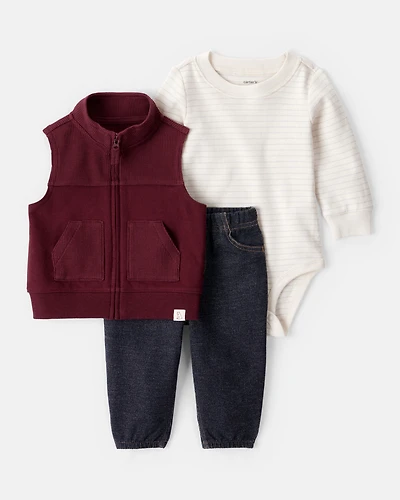 Baby Boy 3-Piece Long-Sleeve Bodysuit, Vest & Denim Pant Set
