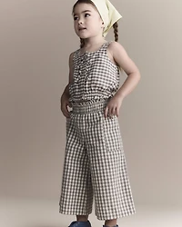 Toddler Girl Gingham Peplum Top with Bows - Cream/Grey