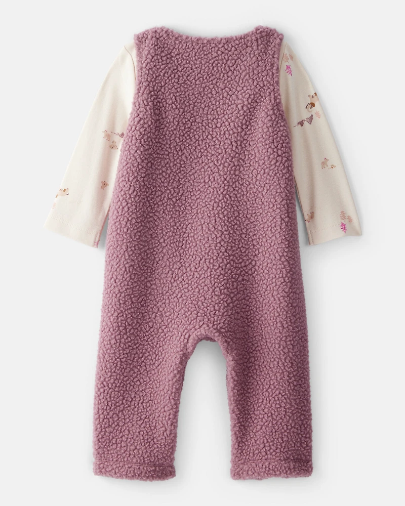 Baby Girl 2-Piece Bear Sherpa Long-Sleeve Snug Fit Overall Set - Purple