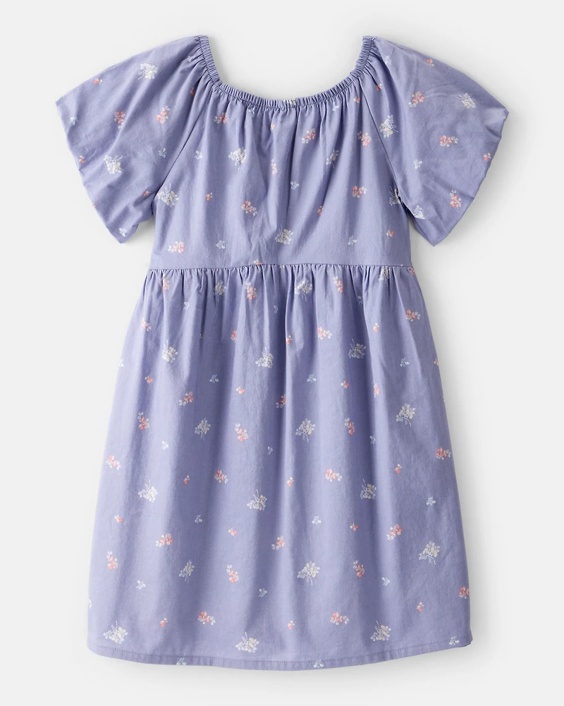 Girls Floral Print Short-Sleeve Cotton Dress - Blue