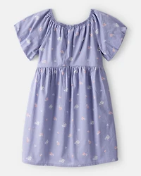Girls Floral Print Short-Sleeve Cotton Dress - Blue