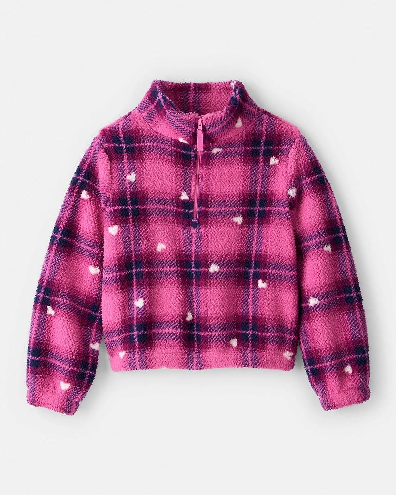 Girls Plaid Sherpa Quarter-Zip Pullover - Pink