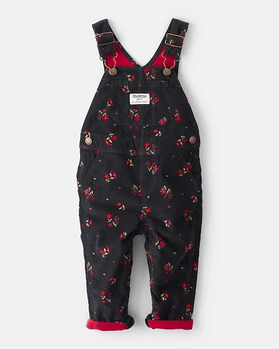 Baby Girl Floral Print Corduroy Overalls - Black