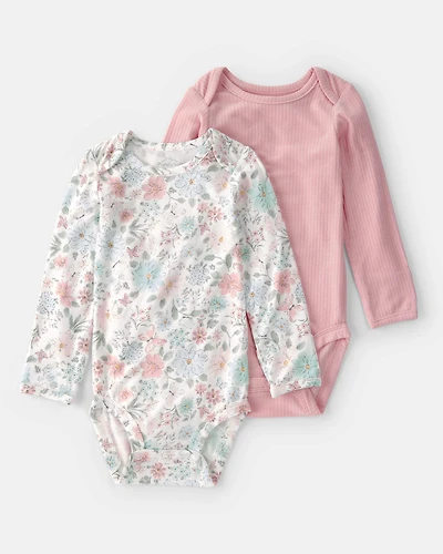 Baby Girl 2-Pack Butterfly Garden PurelySoft Multipack Bodysuits - Pink/Ivory