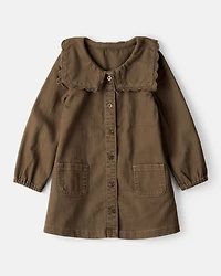 Toddler Girl Scalloped Collar Button-Down Long-Sleeve Dress - Brown
