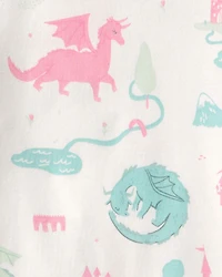 Baby Girl 4-Piece Fairy Tale Dragon 100% Cotton Short-Sleeve Snug Fit Pajama Set - Blue/Ivory