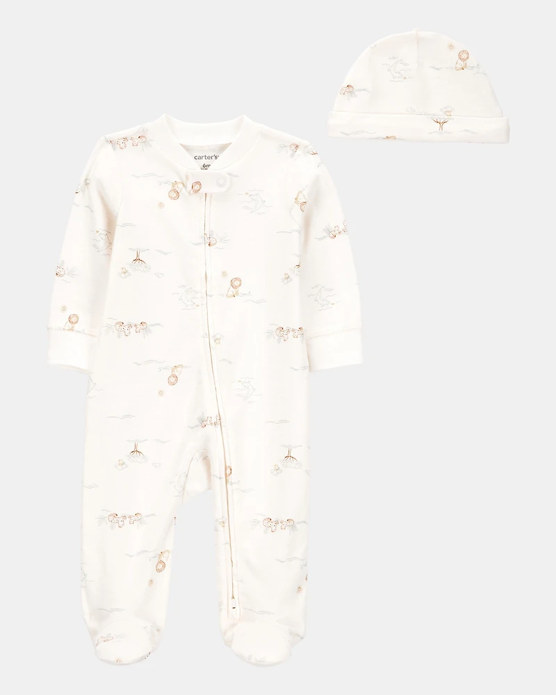 Baby Boy 2-Piece 2-Way Zip Sleep & Play & Cap Set - Cream