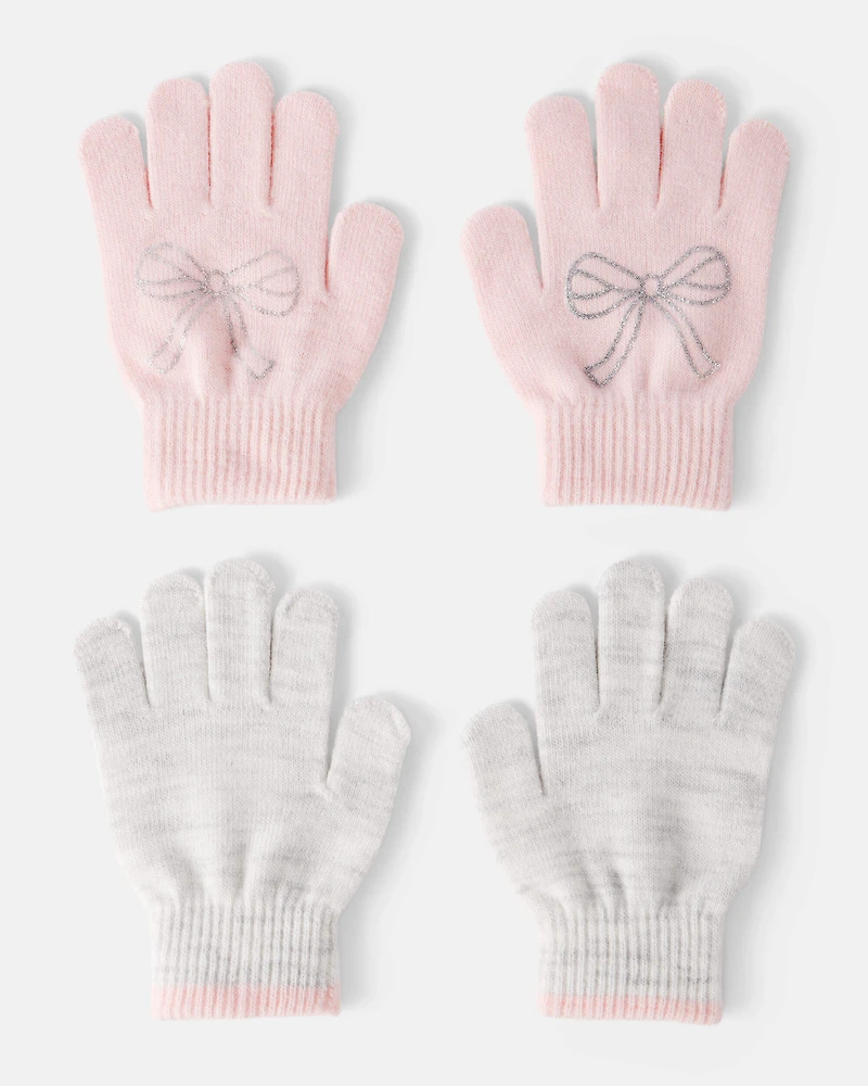 Girls 2-Pack Bow Winter Gloves - Grey/Pink