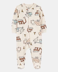 Baby Boy Construction 2-Way Zip Ribbed Sleep & Play Pajamas - Cream