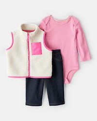 Baby Girl 3-Piece Fleece Vest Outfit Set - Pink