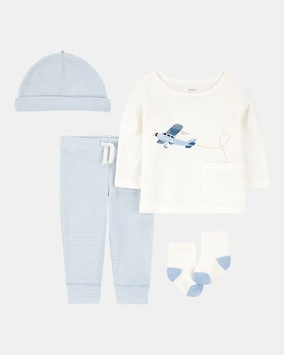 Baby 4-Piece Airplane Print Outfit Set - Blue