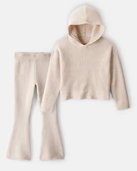 Girls 2-Piece Ribbed Sweater Knit Hoodie & Flare Pants Set - Beige