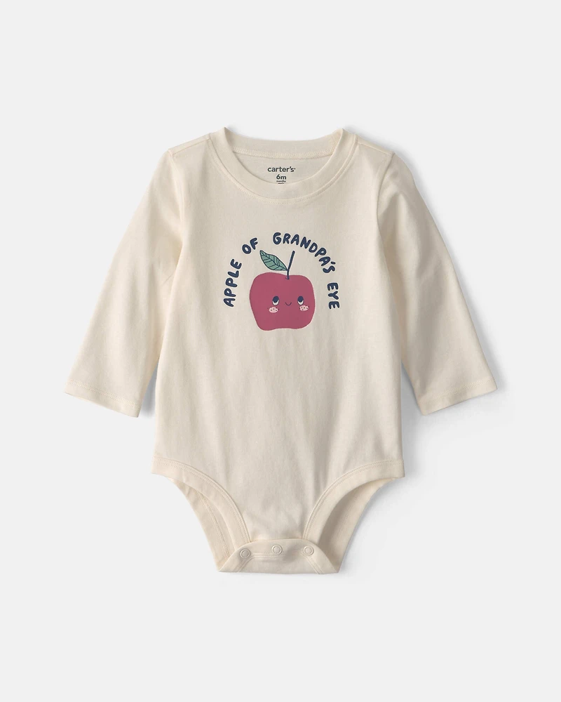 Baby 'Apple Of Grandpa's Eye' Apple Long-Sleeve Graphic Bodysuit - Cream