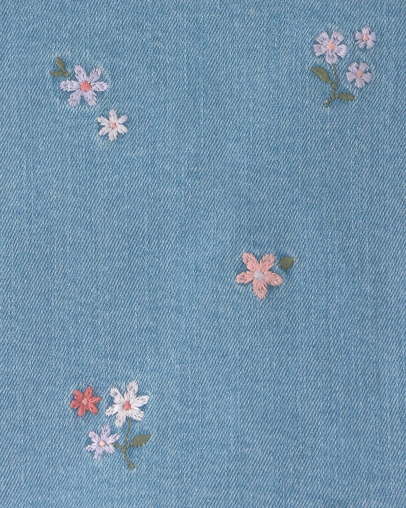 Girls Floral Embroidered Denim Wrap Skort - Medium Wash