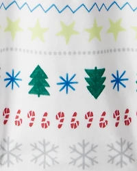 Toddler Snowman Fair Isle Cotton Long-Sleeve Snug Fit 2-Piece Pajamas - Green/White