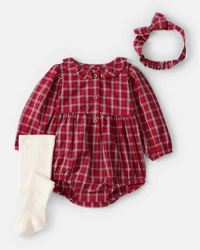 Baby Girl 3-Piece Plaid Print Long-Sleeve Bodysuit, Headwrap & Tights Set - Red