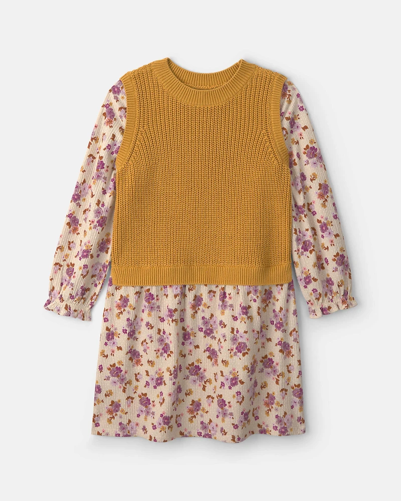 Girls Floral Long-Sleeve Dress - Yellow/Cream