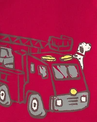 Toddler Boy Firetruck Striped 100% Cotton Snug Fit 4-Piece Pajama Set - Red/White