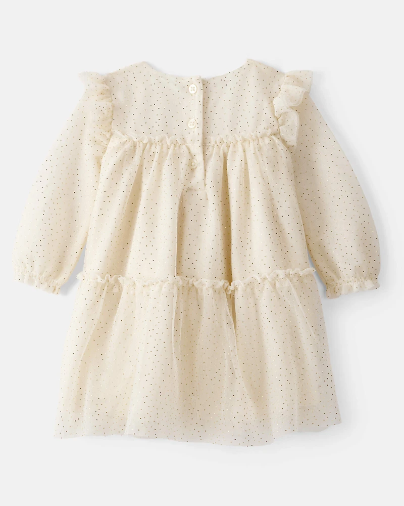 Baby Girl Sparkle Polka Dot Tulle Long-Sleeve Dress - Ivory