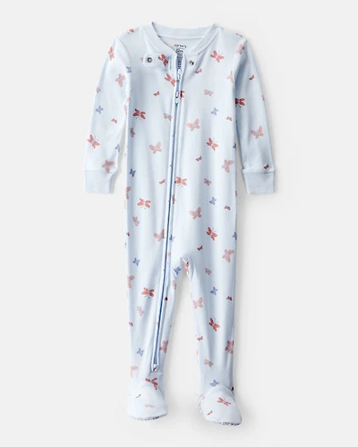Toddler Girl Butterfly 100% Cotton Snug Fit Footie 1-Piece Pajamas - Blue