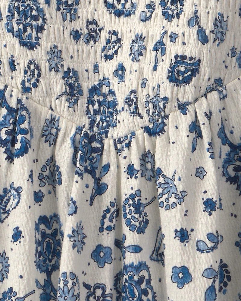 Girls Smocked Floral Dress - Blue/Ivory