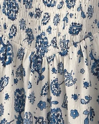 Girls Smocked Floral Dress - Blue/Ivory