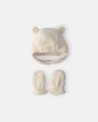 Baby Bear Teddy Fleece Hat & Mitten Set - Cream