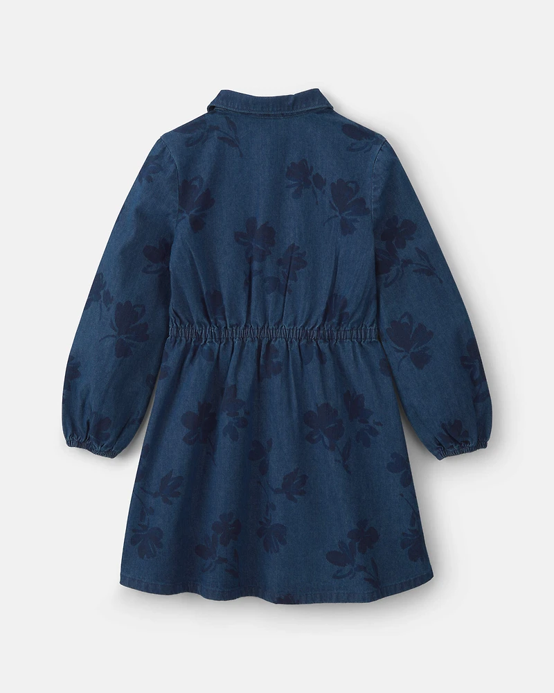 Girls Floral Denim Long-Sleeve Dress - Dark Wash