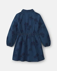 Girls Floral Denim Long-Sleeve Dress - Dark Wash