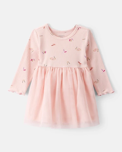 Baby Girl Heart Print Long-Sleeve Dress - Pink