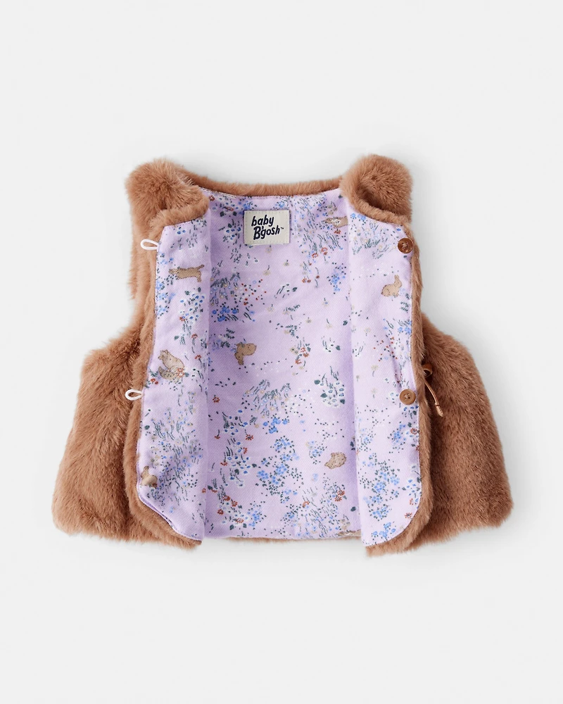 Baby Girl Floral Lined Faux Fur Vest - Brown