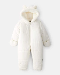 Baby 1-Piece Bear Ears Hooded Pram Sherpa-Lined Snowsuit - Cream