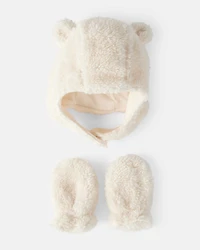 Baby Girl Sherpa Winter Hat & Mittens Set - White