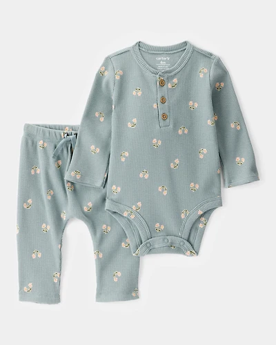 Baby 2-Piece Floral Waffle Knit Long-Sleeve Bodysuit Pant Set - Green
